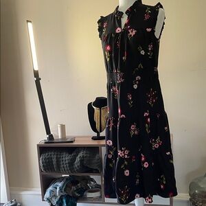 019-Kate Spade Black and Pink Floral Midi Dress